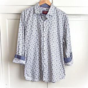 White Casual Button Down Shirt with Black Floral Print